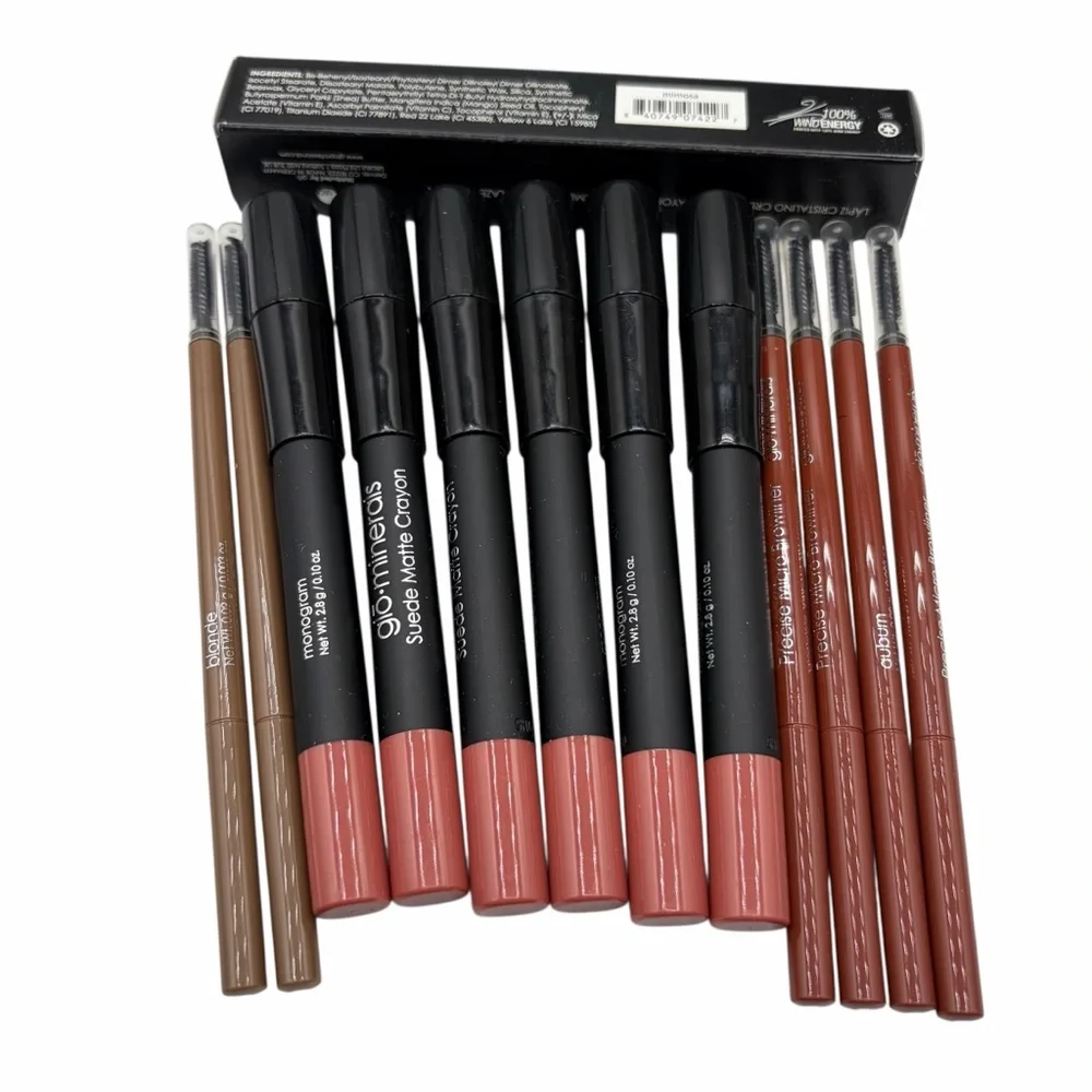 GLO MINERALS MAKEUP BUNDLE – SUEDE MATTE LIP CRAYONS & BROW DEFINERS (LOT#47)